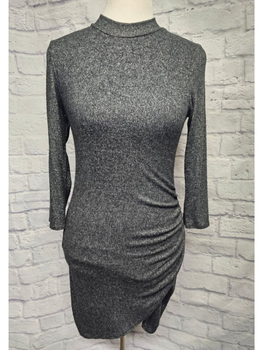 MYTH M Gray Blend Super Soft Ruched 3/4 Sleeve Sweater Dress